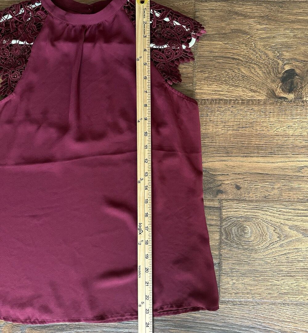 Express Lace Cap Sleeve Blouse Small Burgundy High Neck Keyhole Back Top - Picture 7 of 7